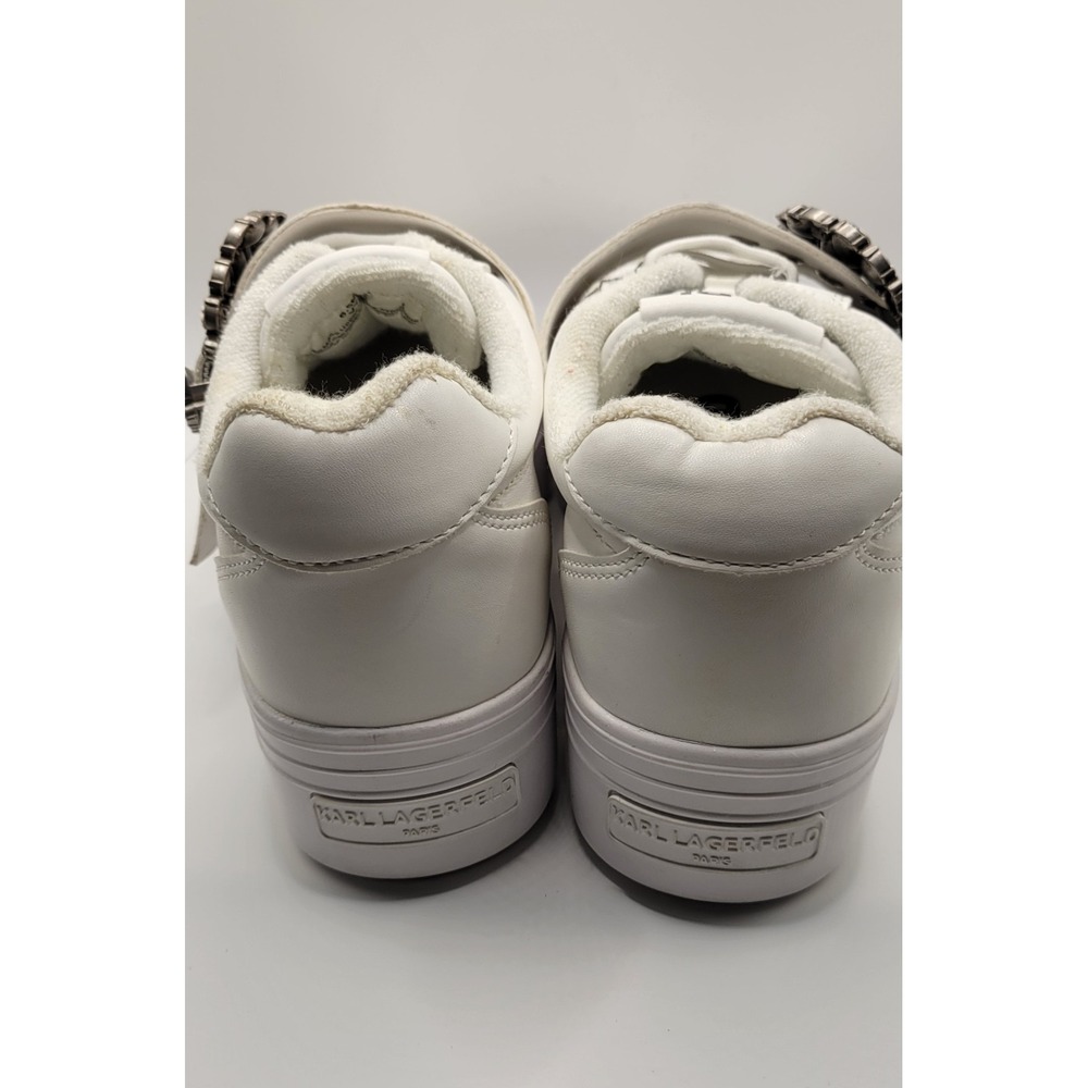 White Leather With Crystal Trim Buckle Karl Lagerfeld Platform Sneakers Size 6.5 - Picture 3 of 8